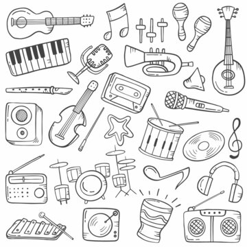 music instrument industry concept doodle hand drawn set collections with outline black and white style