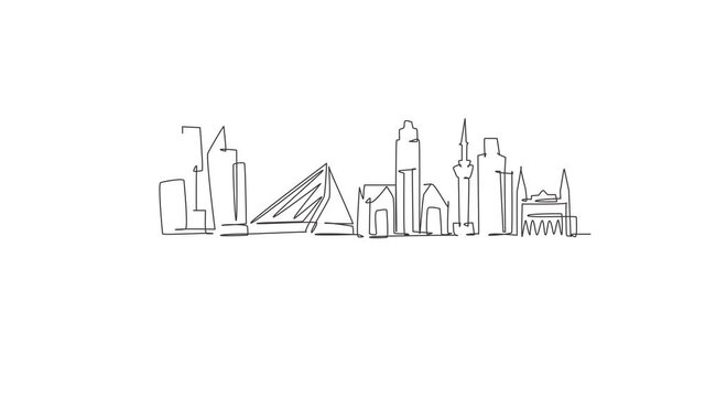 Animated self drawing of continuous line draw Rotterdam city skyline, Netherlands. Beautiful skyscraper. World landscape tourism travel vacation wall decor poster. Full length single line animation.