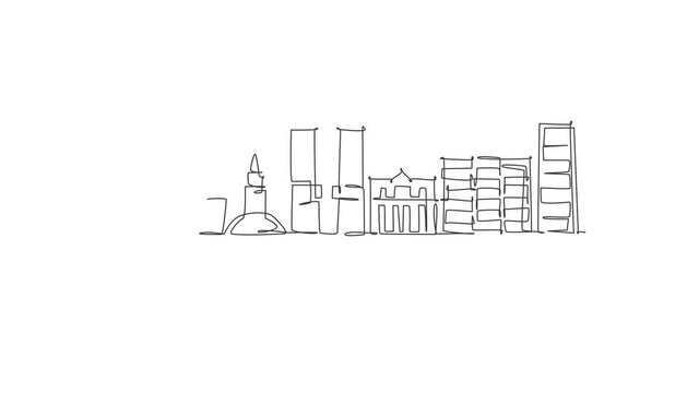 Animated self drawing of one continuous line draw Bilbao city skyline, Spain. Beautiful skyscraper postcard. World landscape tourism travel wall decor poster concept. Full length single line animation