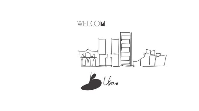 Animated self drawing of continuous line draw Bilbao city skyline, France. Famous skyscraper landscape postcard. World travel home wall decor poster print concept. Full length one line animation.