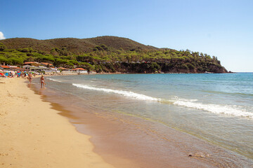 Lacona, Island of Elba Italy - 18 September 2021 people enjoying sandy beach at Lacona, perfect for families and camping