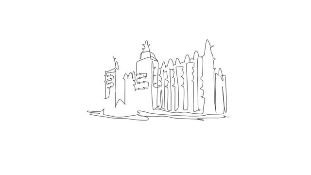 Animated self drawing of continuous line draw great mosque of Djenne landmark. Historical masjid in Mopti, Mali, Africa. Holiday vacation wall decor poster concept. Full length single line animation.