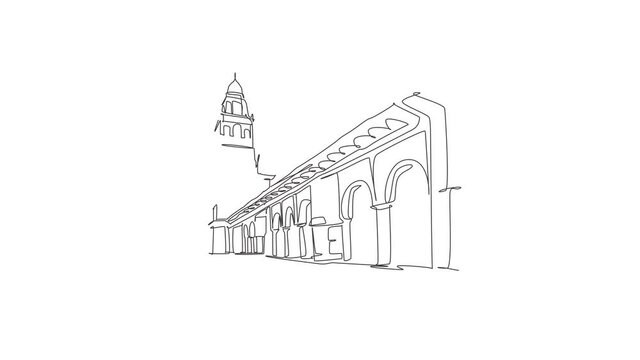 Animated self drawing of continuous line draw Great Mosque of Cordoba landmark. Famous place in Andalusia, Spain. World travel campaign wall decor print art concept. Full length one line animation.
