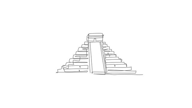 Animation of one line drawing Chichen Itza landmark. World famous place in Yucatan, Mexico. Tourism travel postcard wall decor poster concept. Continuous line self draw animated. Full length motion.