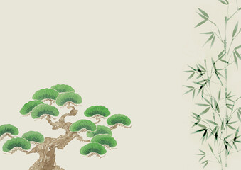 能楽の松と竹　背景 フレーム　水彩 イラスト