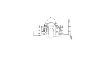 Animated self drawing of continuous line draw Taj Mahal palace landmark. Beauty famous place in Agra, India. World travel home wall decor art poster print concept. Full length one line animation.