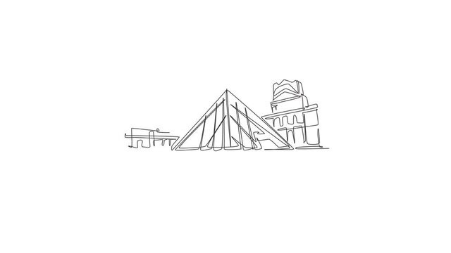 Animated self drawing of one continuous line draw welcome to Musee du Louvre or Louvre Museum. World iconic place in Paris, France. Wall decor poster print concept. Full length single line animation.