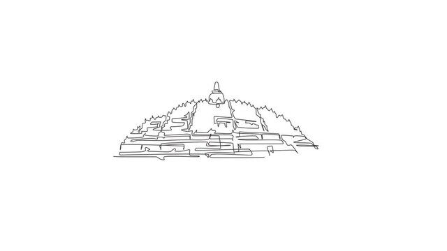 Animation of one line drawing Candi Borobudur temple landmark. World iconic in Indonesia. Tourism travel postcard home wall decor art poster. Continuous line self draw animated. Full length motion.