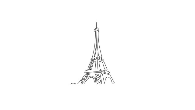 Animation of one line drawing of Eiffel Tower landmark wall poster. Iconic place in Paris, France. Tourism and travel greeting postcard concept. Continuous line self draw animated. Full length motion.