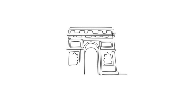 Self drawing animation of one line draw welcome to Arc de Triomphe landmark. Historical iconic place in Paris. Tourism and travel greeting postcard concept. Continuous line draw. Full length animated.