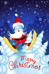 Santa Claus by ski jump against the night winter forest in snowfall. Christmas and New Year greeting card. Santa Claus Fly.