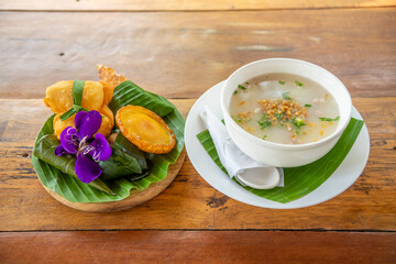 Homemade Pork rice soup and deep fried dough stick