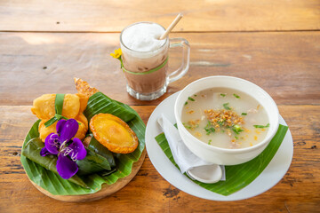 Homemade Pork rice soup and deep fried dough stick
