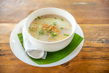 Delicious homemade rice soup or boiled rice with minced pork