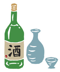 日本酒　一升瓶と徳利　レトロなベクターイラスト
