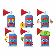 Blue air horn cartoon character with cute emoticon bring money