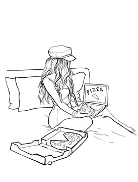 A beautiful slender girl with blond hair eats pizza and watches a TV show on a laptop, sitting on a large bed. Teen girl in her bedroom during quarantine. Illustration. Life style