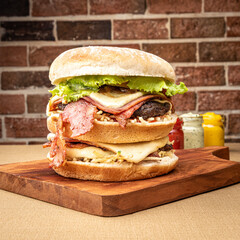 2 floor hamburger on a wooden table closeup
