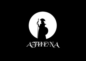 Silhouette of Athena Minerva with Shield and Spear, The Beauty Greek Roman Goddess Logo Design