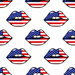 United States of America USA Flag Lipstick On The Lips Isolated On A White Background. seamless background with the lips of the flag of America. Useful for wrapping paper, wrap box, textile, cover