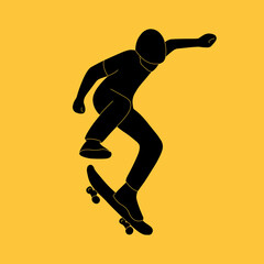 Fototapeta na wymiar Teenager makes a jump on a skateboard. Black silhouette of a young man in a helmet with a skate on a yellow background. Vector illustration.