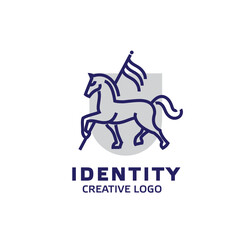 Horse with a flag logo and shield background