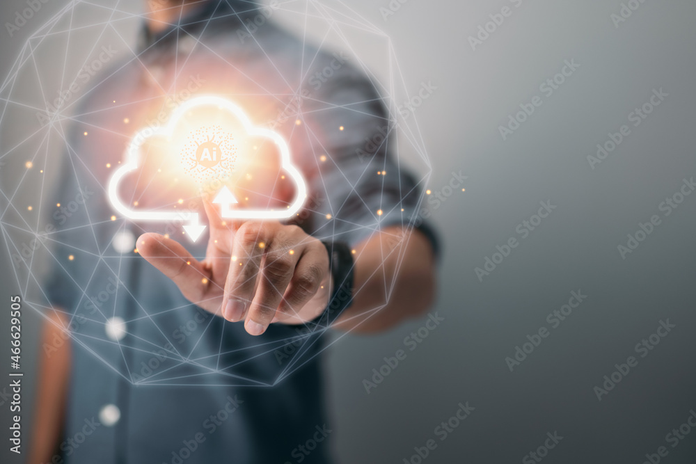Aufkleber Hand of a businessman touching cloud computing, a map point, a network connection, a global meaning, and a copy space