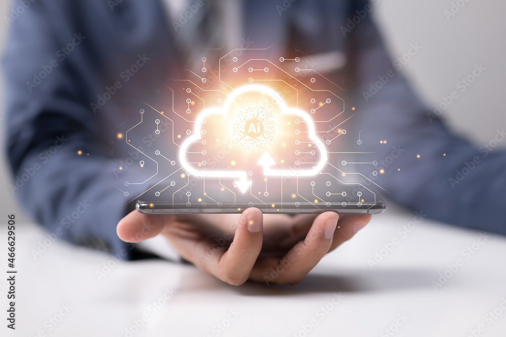 Poster Businessman uses a smartphone with virtual cloud computing to transfer data and download applications. Concept of ai technology transformation.
