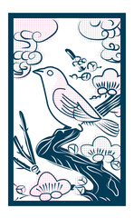 花札のイラスト　ダブルトーン白黒　線画　バラ単枚｜2月梅に鶯ウグイス｜日本のカードゲーム