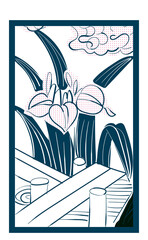 花札のイラスト　ダブルトーン白黒　線画　バラ単枚｜5月杜若に八つ橋｜日本のカードゲーム