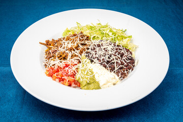 salad bowl guacamole tomato cheese meat beans
