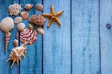 Seashells in the form of numbers 2022 on a background of boards. Summer vacation for the new year.