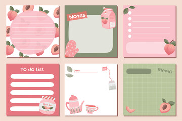 Set of memo Peach illustration stationery for notes, tasks, to-do list, organizer, and planner