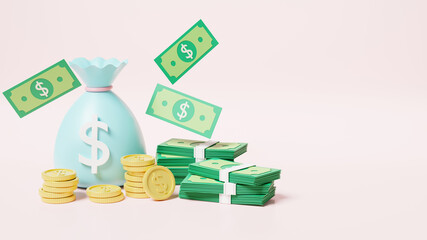 Money bag with stack coins and dollar banknote icon, moneybag savings money or cash sack on pink background, finance earnings profit, 3D rendering illustration