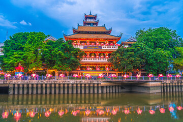 Twilight view of Phap Hoa Pagoda, Ho Chi Minh city, Vietnam. The ancient temple in Southeast Asia. on the vesak festival 2021.