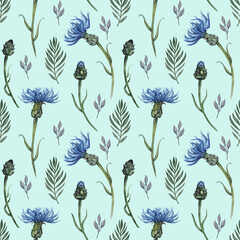 Seamless pattern watercolor cornflowers and grass
