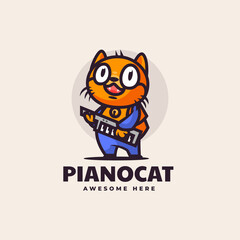 Vector Logo Illustration Piano Cat Mascot Cartoon Style.