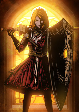 A young knight girl in a dress, with a large shield in one hand and a short lance spear in the other, she has a short haircut, against the background of a stained glass glowing window. 2d comic art