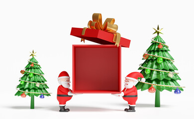 Santa claus with red open gift box empty,christmas tree isolated on beige background.website,poster or happiness cards,festive New Year concept,3d illustration or 3d render
