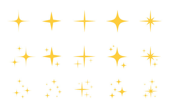 Flash sparkle flat star icon set. Twinkle star silhouette for gold sparkle, yellow glitter light, magic shiny flare effect. Isolated vector illustration.