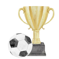 Fototapeta premium Watercolor hand drawn golden yellow sport prize cup with soccer ball for winner, first place, victory isolated on white.