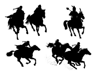 Silhouettes of riders on a horse gallop male-female. Vector illustration