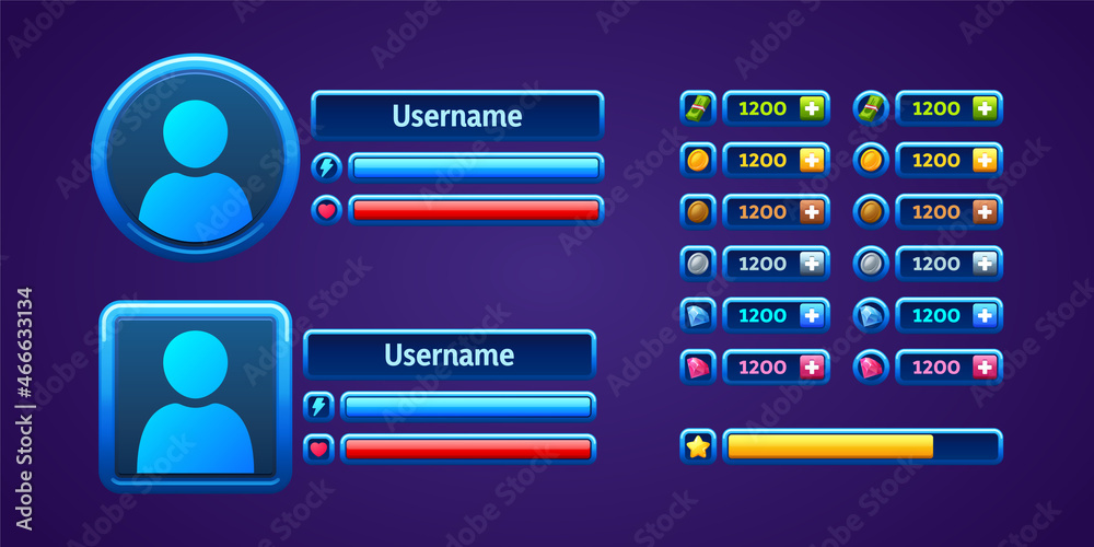 Poster user profile ui game elements with avatar, bars and icons in round and square blue frames. vector ca