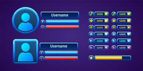 User profile ui game elements with avatar, bars and icons in round and square blue frames. Vector cartoon set of game design interface for display health, power and assets