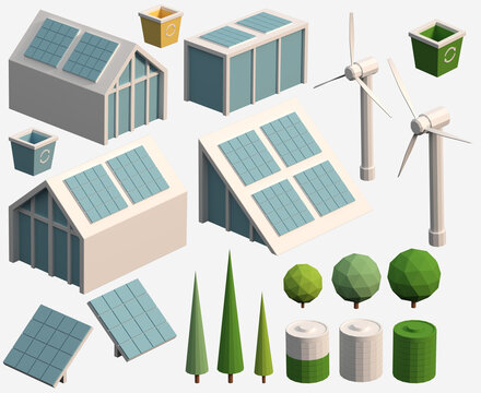 Isometric 3d set of natural alternative environmentally renewable sources of green energy and smart home. Electricity icons. Solar panel, windmill, battery, power generator and trees.