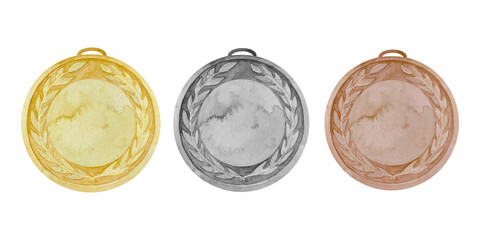 Watercolor illustration collection of three winner medals. Gold, silver and bronze sport medal. Round shape