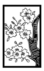 花札のイラスト　モノクロ白黒　線画　バラ単枚｜3月桜のカス｜日本のカードゲーム