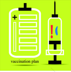 Vaccination plan. Syringe and exclamation mark. Vector, isolated element on background.Text 