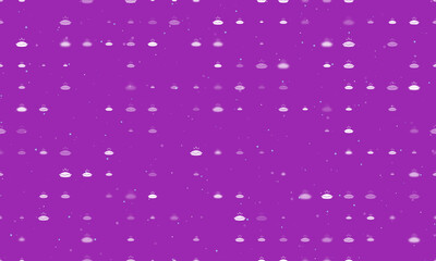 Seamless background pattern of evenly spaced white hot pie symbols of different sizes and opacity. Vector illustration on purple background with stars