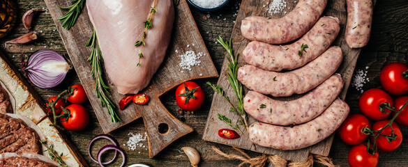 Various kinds of grill and bbq raw meats. Chicken, steak, sausages, minced beef meat kebabs, pork with herbs, spices on wooden background. Long banner format. top view